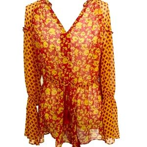 Lane Bryant | Red & Yellow Floral Long Sleeve Semi Sheer Tunic Drawstring Waist